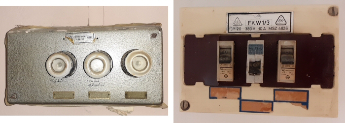 Elavult olvadóbiztosítós és Bakony művek kismegszakítókkal szerelt lakáselosztók.