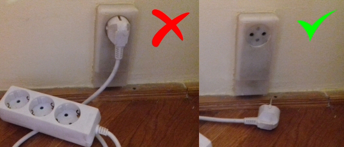 Panellakás elavult földeletlen aljzatához csatlakoztatott földelt hosszabbító. Hamis biztonságérzet, életveszély.