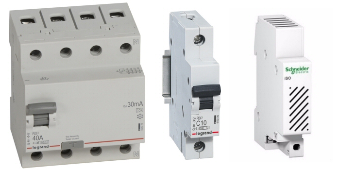 Áram-védőkapcsoló, kismegszakító, csengő.