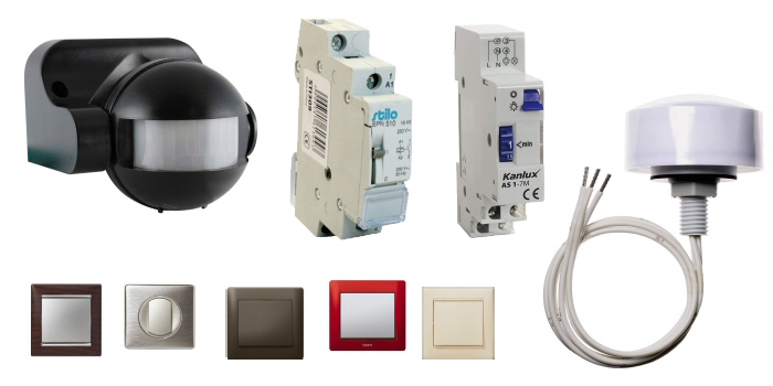 Mozgásérzékelő, impulzus relé, lépcsőházi automata, alkonykapcsoló, fali kapcsolók.